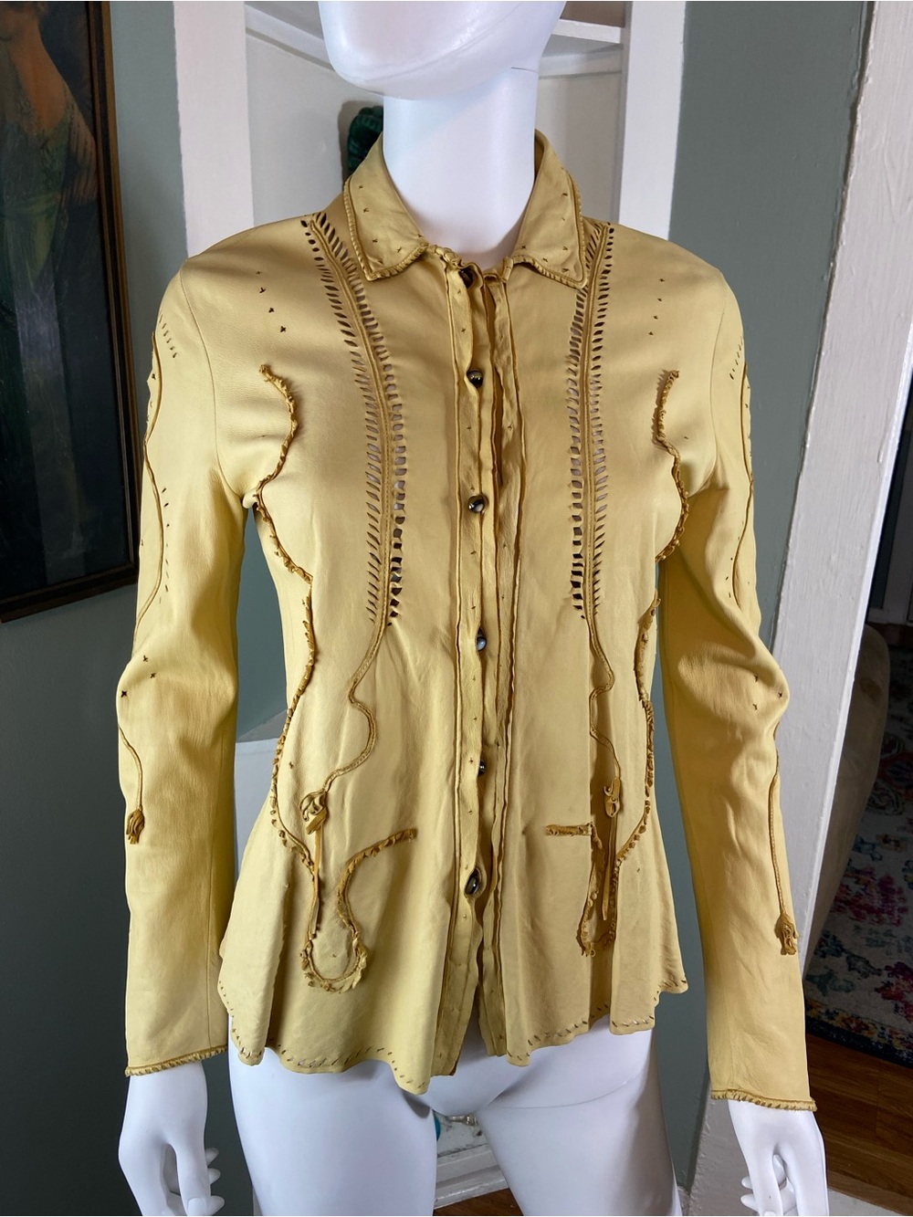 Nigel Preston Art to Wear Natural/Yellow Leather Button Down Shirt Shacket XS